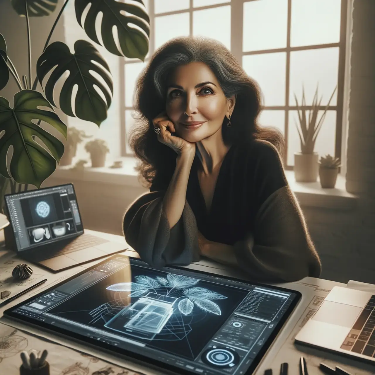 The picture shows a designer at her workstation, looking confidently at the viewer. In front of her is a wireless graphics tablet that digitally displays a design. This was created using artificial intelligence tools. The laptops on the right and left of the desk refer to this.