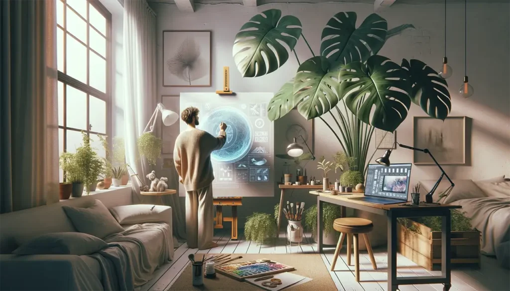 Ein Künstler vor einer Staffelei mit einer Leinwand arbeitet an seinem Werk und sprüht vor Kreativität, unterstützt durch Künstliche Intelligenz (KI) auf seinem Computer, der auf einem Tisch zu seiner Rechten steht.