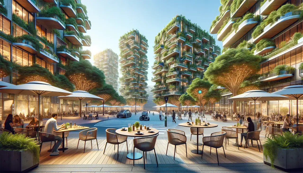 This image shows a futuristic outdoor dining scene in the year 2030, set on a pedestrian street that could be in Palo Alto, California, with people dining under advanced solar-powered umbrellas. The area is shaded by genetically-engineered trees with dense canopies, surrounded by high-rise buildings covered in lush vertical gardens, symbolizing a sustainable smart city.