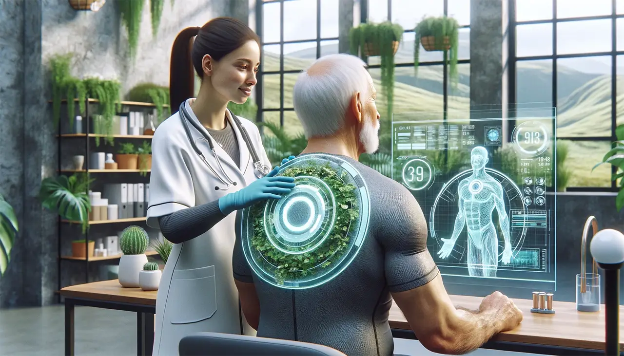 This photo shows a female doctor interacting with an old but healthy and athletic man in sportswear who is a patient in a clinic using advanced AI-powered diagnostic tools with holograms.