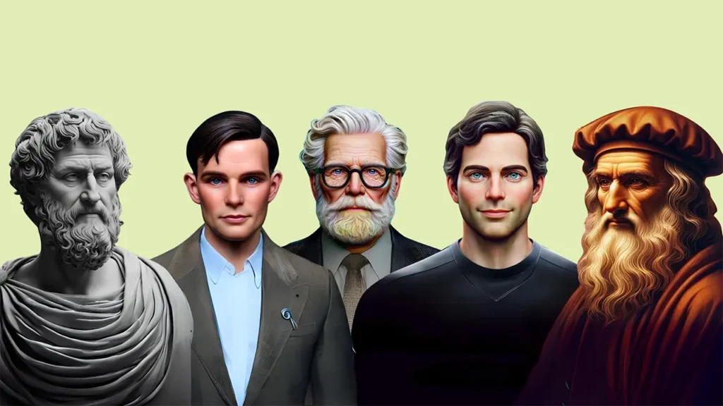 Die Collage stellt Pioniere der KI-Entwicklung dar, die mit ihren frühen Computersystemen, KI-Algorithmen und modernen KI-Anwendungen, die Geschichte der Künstlichen Intelligenz maßgeblich prägten.